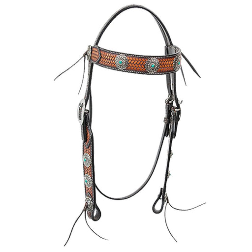 Cody Pro Turquoise Concho Browband Headstall with Basketweave Tooling - BUFW1 - Brown - Horse - 1