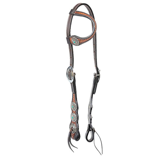 Cody Pro Turquoise Concho One Ear Headstall with Basketweave Tooling - BUFW2 - Brown - Horse - 1