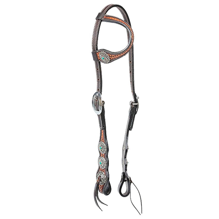 Cody Pro Turquoise Concho One Ear Headstall with Basketweave Tooling - BUFW2 - Brown - Horse - 1
