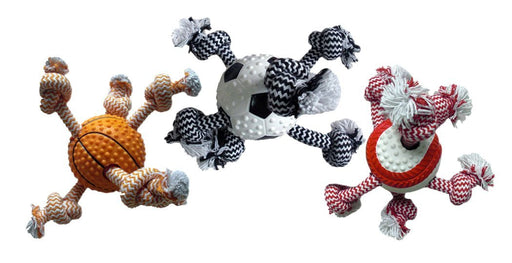 Doglucent TPR Ball with Rope Dog Toy – 9" Tug & Chew Toy (Assorted Sports Styles, 1 Count) - MR1BZ - 9" - 1 ct - 1