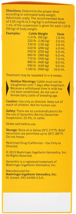 Synanthic Bovine Dewormer Suspension, 22.5% - Synanthic Suspension 22.5% Dewormer, 1L  