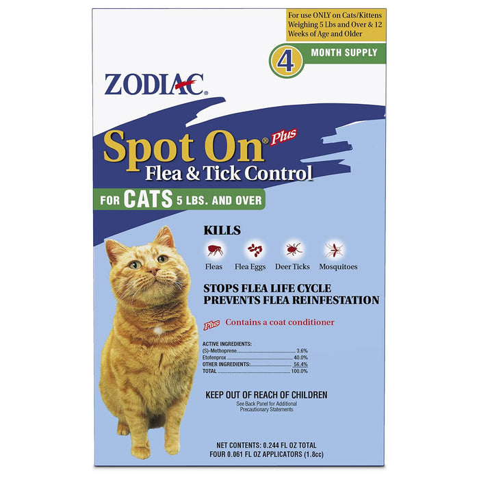 Zodiac Spot On Plus Flea & Tick Control for Cats 5 lbs and Over, 4 Pack