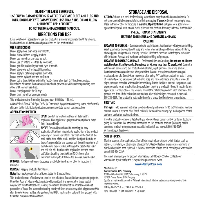 ADAMS Plus Flea & Tick Spot On for Cats, 3 Month Supply