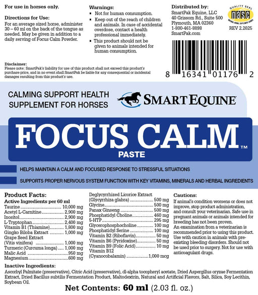 Focus Calm, Calming Supplement for Horses, Paste - SMADA - 60 mL - 2