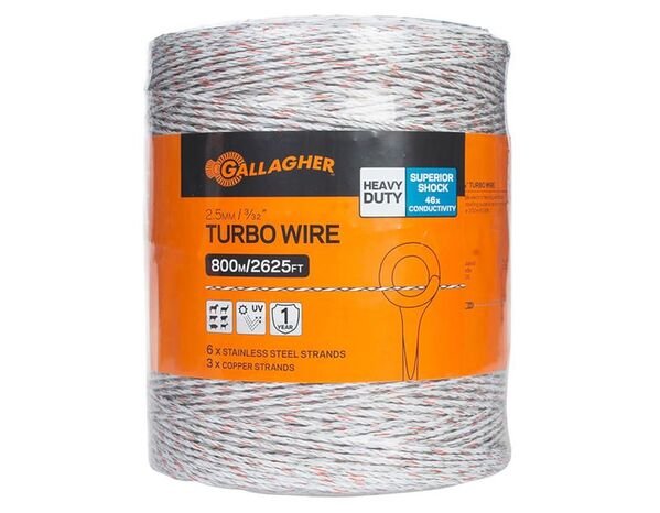 Gallagher Turbo Wire, White, 3/32” (2.5mm) – High - Conductivity Electric Fence Wire for Livestock, Portable & Long - Distance - XI3P - 3/32” (2.5 mm) - 2624 ft - 2