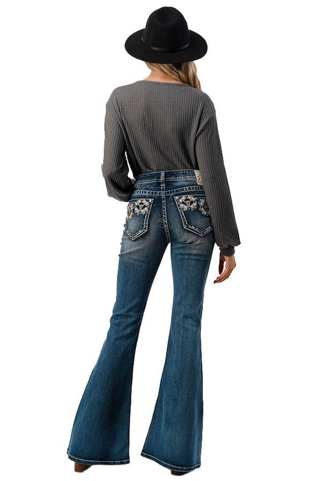 Grace in LA Aztec Embellished Mid Rise Flare Jeans - Jeffers - Women > Women's Clothing > Women's Jeans, Pants, Shorts