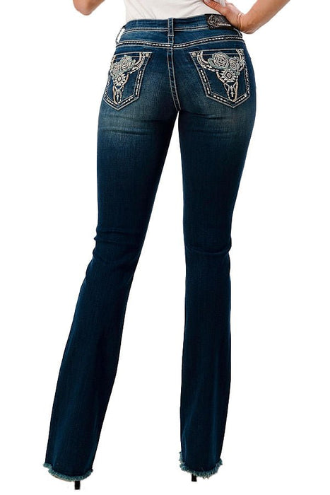 Grace in LA Floral Steer Head Embellished Mid Rise Bootcut Jeans - Jeffers - Women > Women's Clothing > Women's Jeans, Pants, Shorts