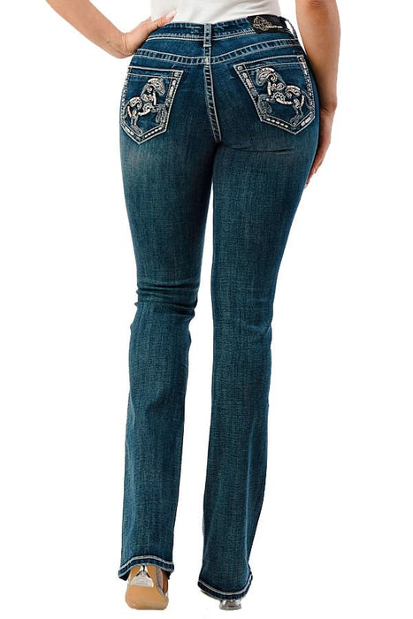 Grace in LA Horse Embroidered Mid Rise Bootcut Jeans - Jeffers - Women > Women's Clothing > Women's Jeans, Pants, Shorts