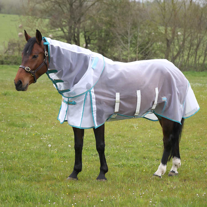 Highlander Fine Mesh Fly Sheet with Detachable Neck for Horses - SEP2CK - White / Teal - 69" - 1