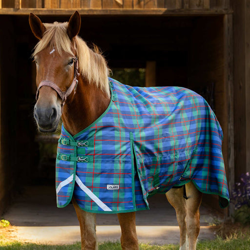 Jeffers Draft Solaris 1200 Denier Standard Neck Turnout Blanket, 360 Gram Color Navy & Hunter Plaid