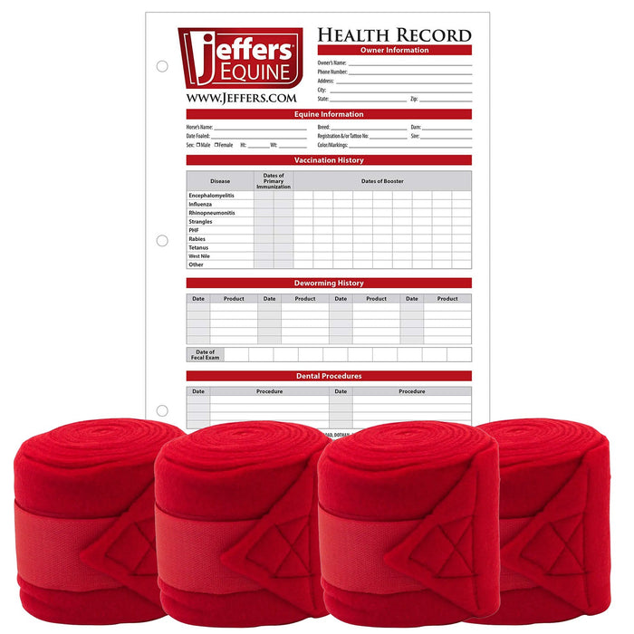 Jefers Horse Fleece Polo Wraps - Reusable Set of 4 Wraps and 1 Equine Health Record - NEWF-KIT - 4 Fleece Polo Wraps & 1 Health Record - Red - 8