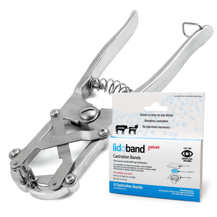 Jeffers Band Castration Tool with LidoBand Lidocaine Castration Bands for Calves & Lambs - I3C17V1A-KIT - Band Castrator Kit with 8 ct Lidobands - 1
