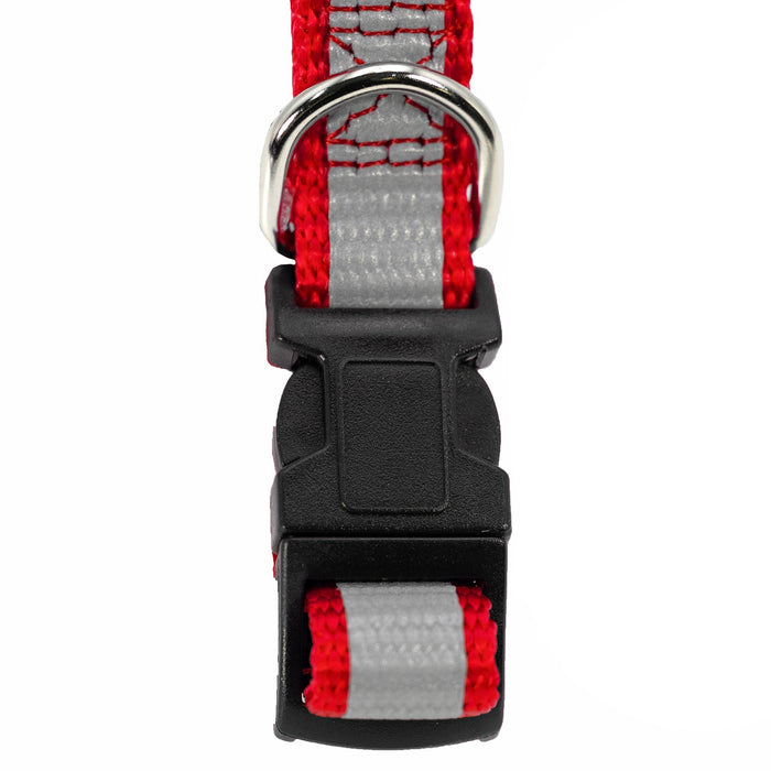 Jeffers Reflective Safety Stripe Adjustable Nylon Dog Collar – Glow-in-the-Dark for Night Visibility - IDE6 - 5/8"W x 10"-16"L - Red - 2