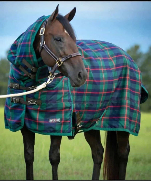 Jeffers Solaris 1200 Denier Heavy Weight Horse Turnout Blanket with Neck Rug, 360g Fill - JEFCNM - PreSale Navy & Hunter Plaid - 66" - 1