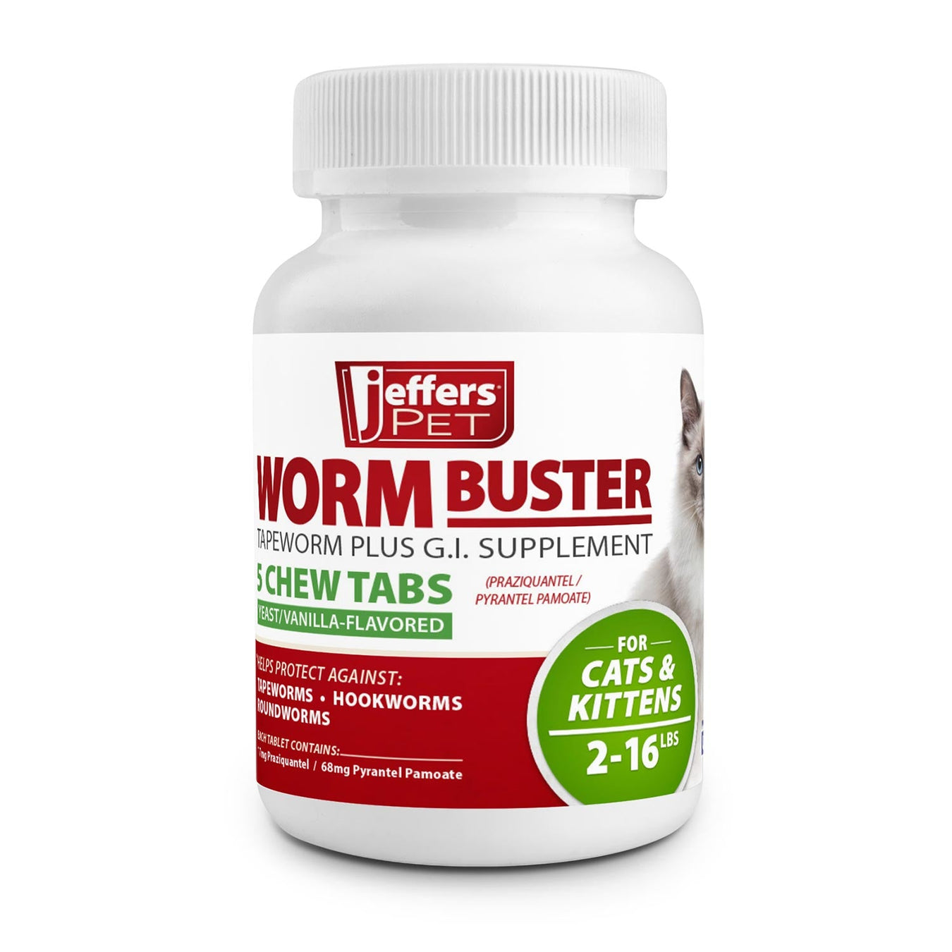 Jeffers WORM BUSTER Cat Dewormer Flavored Tablets with Praziquantel & Pyrantel - JEFZVC - 2 - 16 lbs - Yeast/Vanilla - 5 tabs - 1