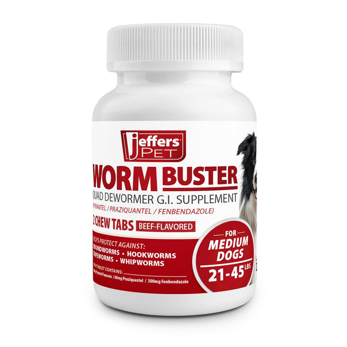 Jeffers Worm Buster Dog Dewormer Flavored Tablets - JEFZV8 - For Medium Dogs (21–45 lbs) - Beef - 2 tabs - 10