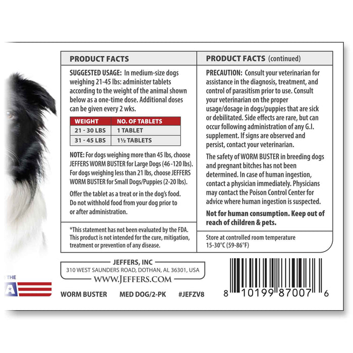 Jeffers Worm Buster Dog Dewormer Flavored Tablets - JEFZV8 - For Medium Dogs (21–45 lbs) - Beef - 2 tabs - 12
