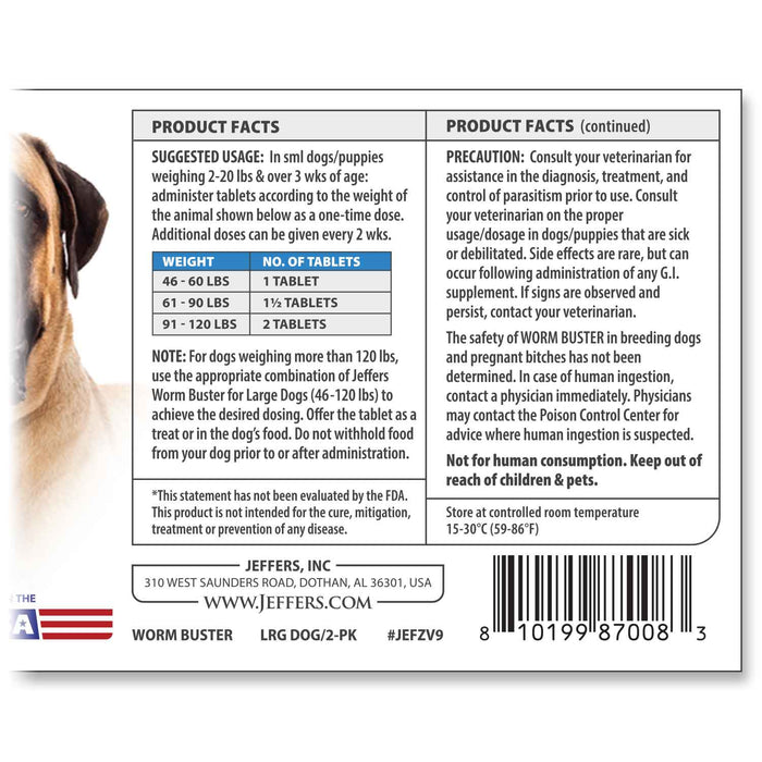 Jeffers Worm Buster Dog Dewormer Flavored Tablets - JEFZV9 - For Large Dogs (46–120 lbs) - Beef - 2 tabs - 15