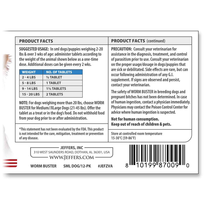 Jeffers Worm Buster Dog Dewormer Flavored Tablets - JEFZVA - For Small Dogs & Puppies (2–20 lbs) - Beef - 12 tabs - 5