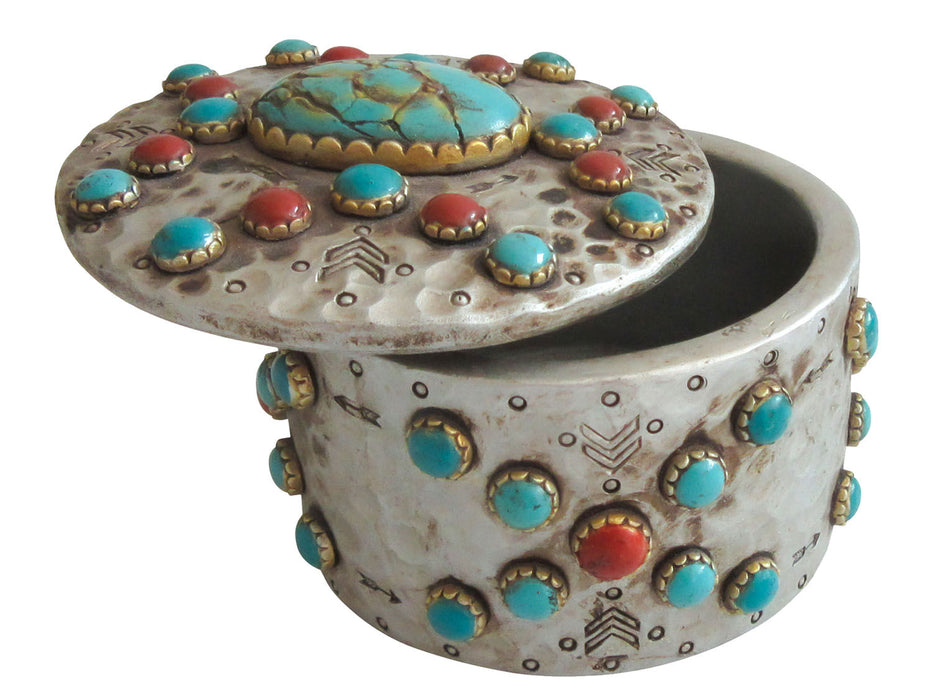 Turquoise Stones Jewelry & Trinket Box - Turquoise & Red Stones Jewelry & Trinket Box  