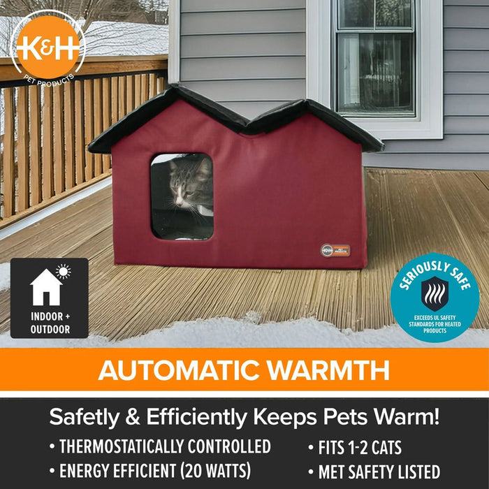 K&H Extra Wide Heated Outdoor Cat House – Insulated Kitty Shelter with Removable Heated Pad for Multiple Cats - PCV1 - Red - 26.5" x 21.5" x 15.5" - 11