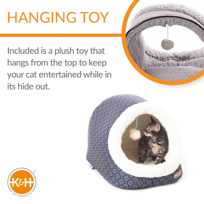 K&H Pet Products Thermo - Pet Cave Heated Cat Bed – Plush Cat Cave & Tunnel for Cats and Small Dogs - PCVH - Blue - 17" x 15" x 13" - 13