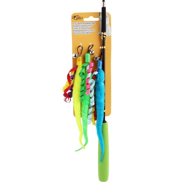 Retractable Cat Teaser Wand Toy with 2 Colorful Replacement Twist Worms and Bell  