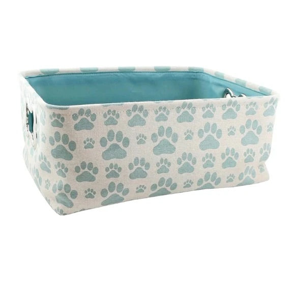 Winifred and Lily 16x12 Ivory Linen with Teal Paw Prints All Over Rectangular Pet Storage Bin Size 16"x12"