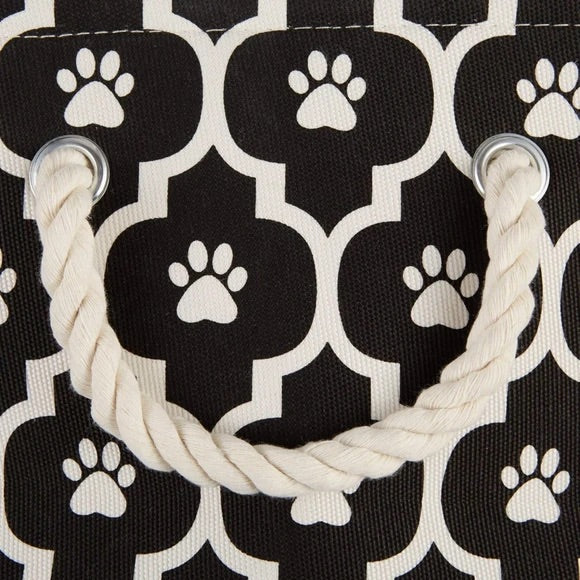Bone Dry Polyester Round Pet Bin Size Small in Black with Lattice Paw Design  