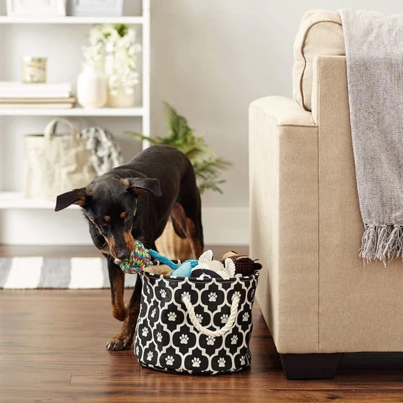 Bone Dry Polyester Round Pet Bin Size Small in Black with Lattice Paw Design  