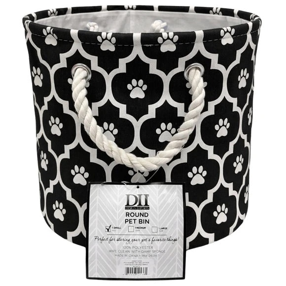 Bone Dry Polyester Round Pet Bin Size Small in Black with Lattice Paw Design  