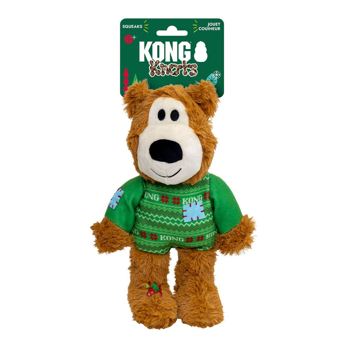 KONG Holiday Wild Knots Plush Sweater Bear Dog Toy - K914W - Green - Medium/Large - 2