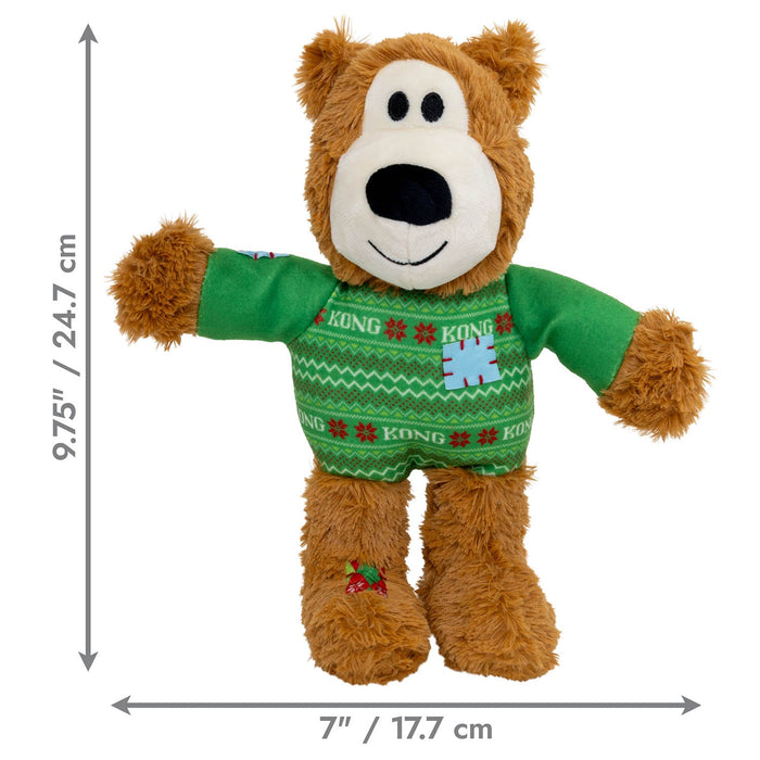 KONG Holiday Wild Knots Plush Sweater Bear Dog Toy - K914W - Green - Medium/Large - 4