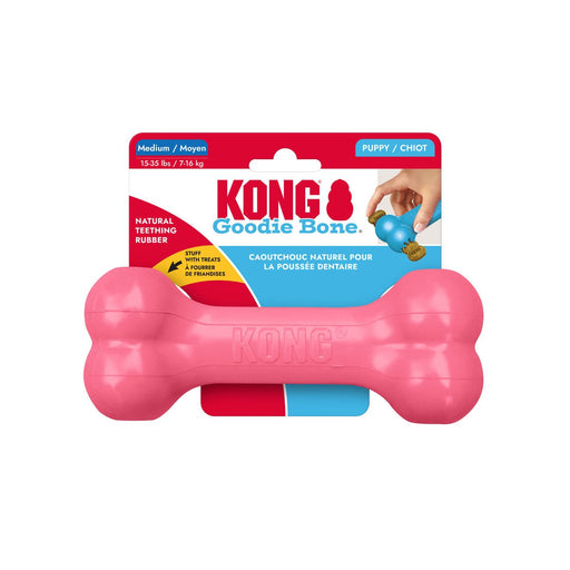KONG Puppy Goodie Bone Treat Dispensing Dog Chew Toy – Soft Rubber Teething Toy for Puppies - K9ADF - Assorted Pink or Blue - Medium - 1 ct - 1