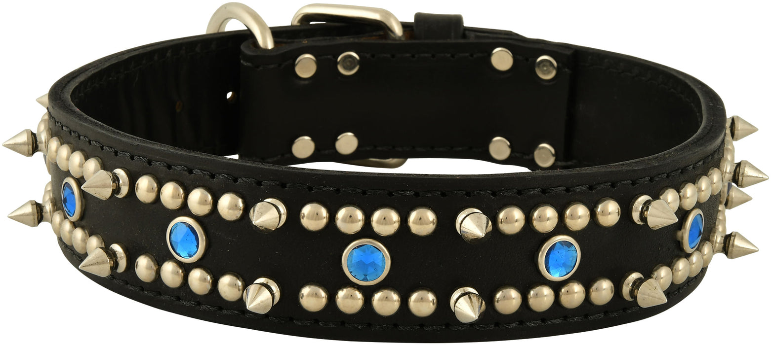 Latigo Protector Spiked, Studded & Jeweled Collar - Latigo Protector Blue Jewel Collars, 1-1/2" x 21"  