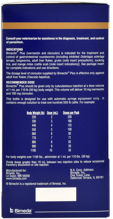 Bimectin Plus Injectable Cattle Wormer - Bimectin Plus Injectable Cattle Dewormer, 500 mL  