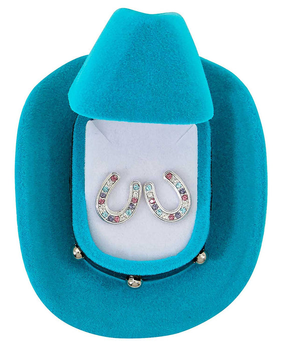 Multi Colored Horseshoe Earrings with Blue Cowboy Hat Box - Jeffers - Children > Girls > Hats, Belts, Buckles, Jewelry, Bags