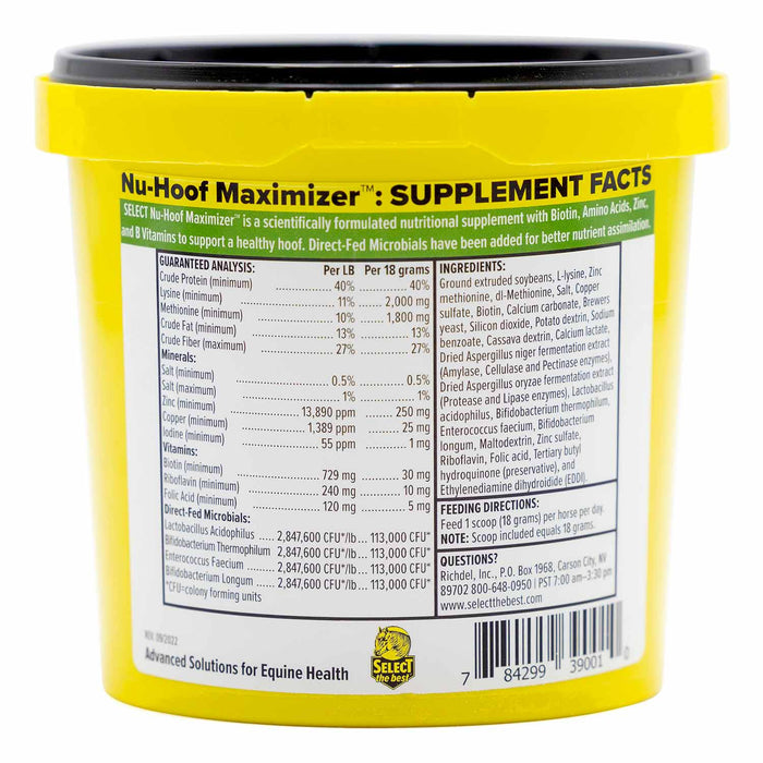 Nu - Hoof Maximizer Concentrated Hoof Supplement for Horses – Biotin & Amino Acid Formula - SELB8 - 1.25 lb - 30 Day Supply - 3