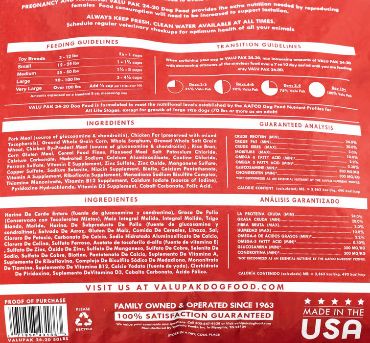 Valu-Pak 24-20 Performance Dry Dog Food for Active Dogs (Red Bag)