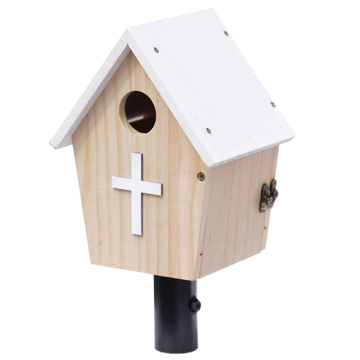Outdoor Bluebird House with Baby Steps – Durable Pine, T - Post Mountable Adaptor Included - BBT9 - Church (White) - 3