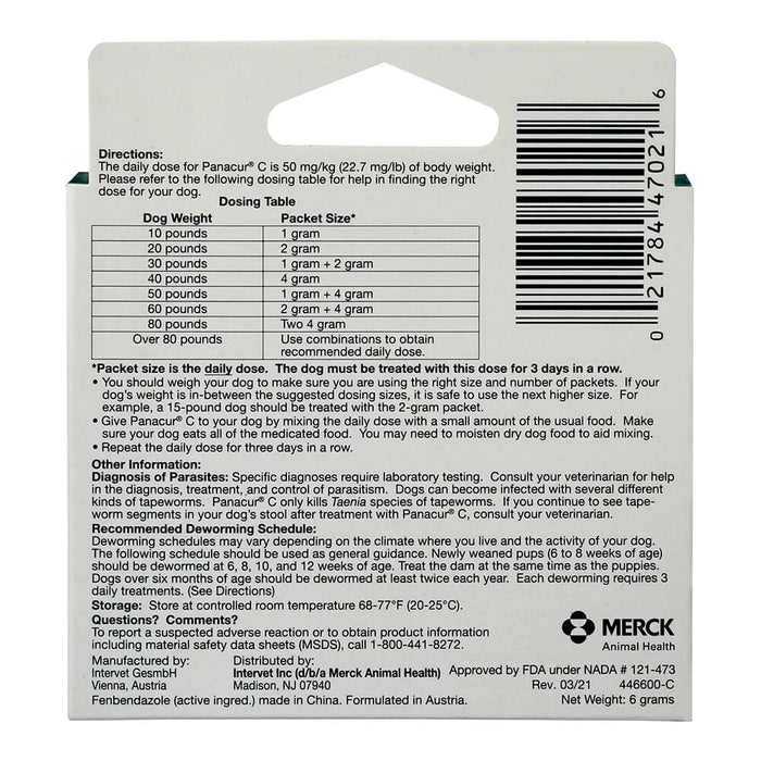 Panacur C Canine Dewormer (Fenbendazole Granules) - 016ITV02-2 - 2 g - Single Box - 9