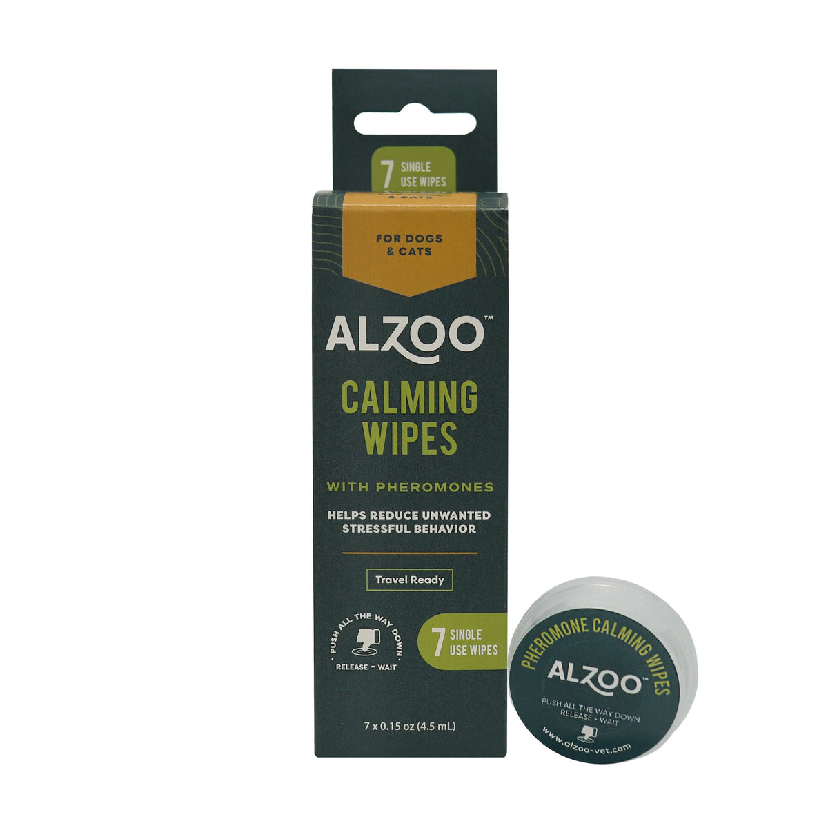 Official product page displaying ALZOO Calming Wipes with Pheromones