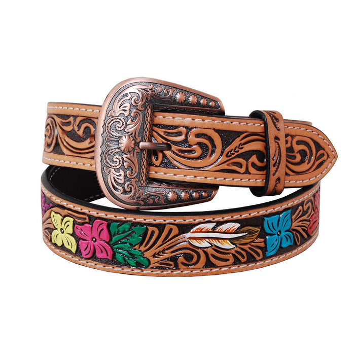 Rafter T Hand Painted & Floral Tooled Belt - Jeffers - Women > Accessories, Jewelry, Handbags