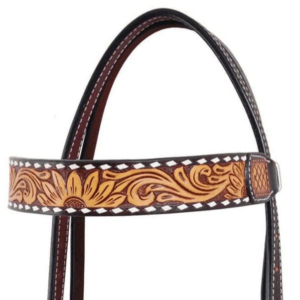 Rafter T Tooled Sunflower with Buckstitch Browband Headstall - RTRE1 - 2