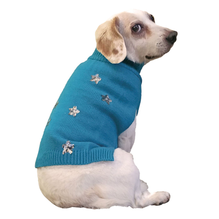 Sequin Stars Dog Sweater - Teal Medium 