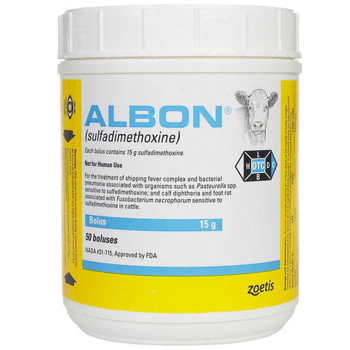 Rx Albon® (sulfadimethoxine) 15 g Bolus for Cattle – Treats Bacterial Pneumonia, Foot Rot & Shipping Fever - 012PFZ-1000306 - 15g - 1 Jar (50 Boluses) - 1