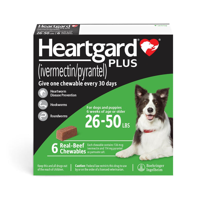 Rx Heartgard Plus (ivermectin/pyrantel) Monthly Chewables — Effective Heartworm & Parasite Prevention for Dogs Puppies - 012MAC0126-50 - 26 - 50 lbs - 6 Month (6 Chews) - Beef - 25