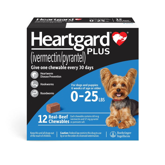 Rx Heartgard Plus (ivermectin/pyrantel) Monthly Chewables — Effective Heartworm & Parasite Prevention for Dogs Puppies - 012MAC03-0-25 - Up to 25 lbs - 12 Month (12 Chews) - Beef - 14