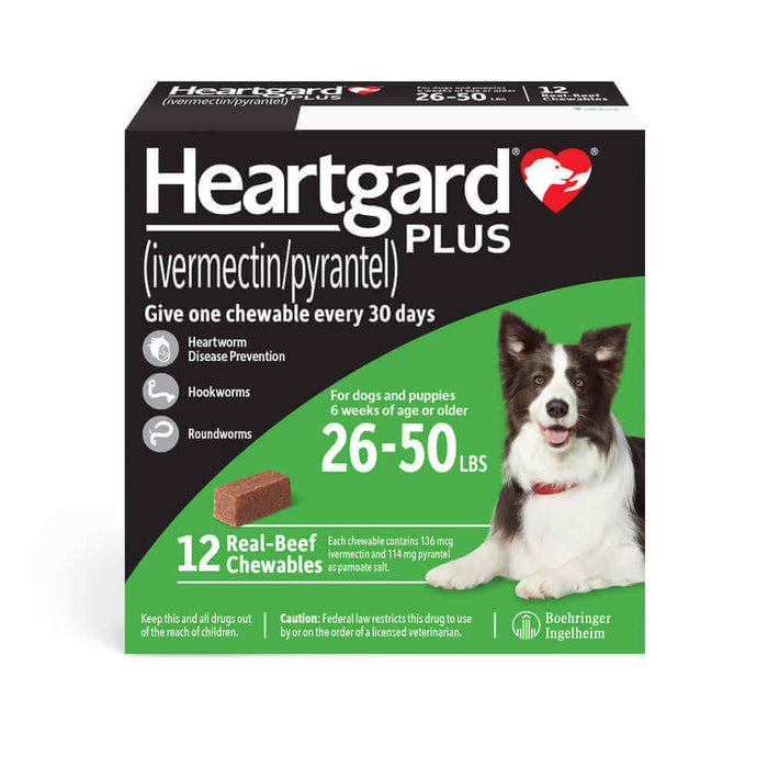 Rx Heartgard Plus (ivermectin/pyrantel) Monthly Chewables — Effective Heartworm & Parasite Prevention for Dogs Puppies - 012MAC03-26-50 - 26 - 50 lbs - 12 Month (12 Chews) - Beef - 10