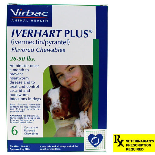 Rx Iverhart Plus (Ivermectin & Pyrantel Pamoate) Monthly Heartworm Protection Flavored Chewable Tabs for Dogs - 012VB-26-50 - 26 - 50 lbs - 6 Chewable Tablets - 1